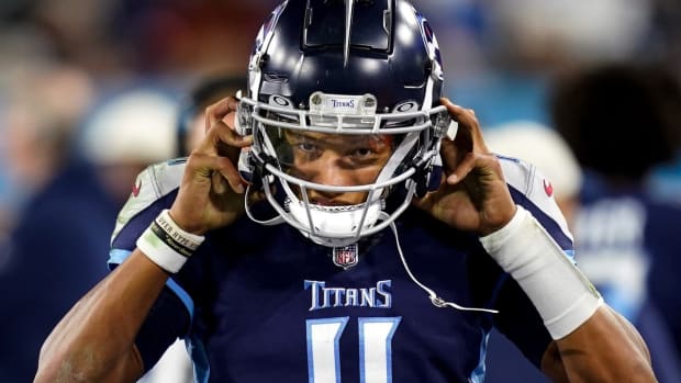 Tennessee Titans quarterback Joshua Dobbs (11) on the sidelines during the second quarter against the Dallas Cowboys at Nissan Stadium Thursday, Dec. 29, 2022, in Nashville, Tenn.